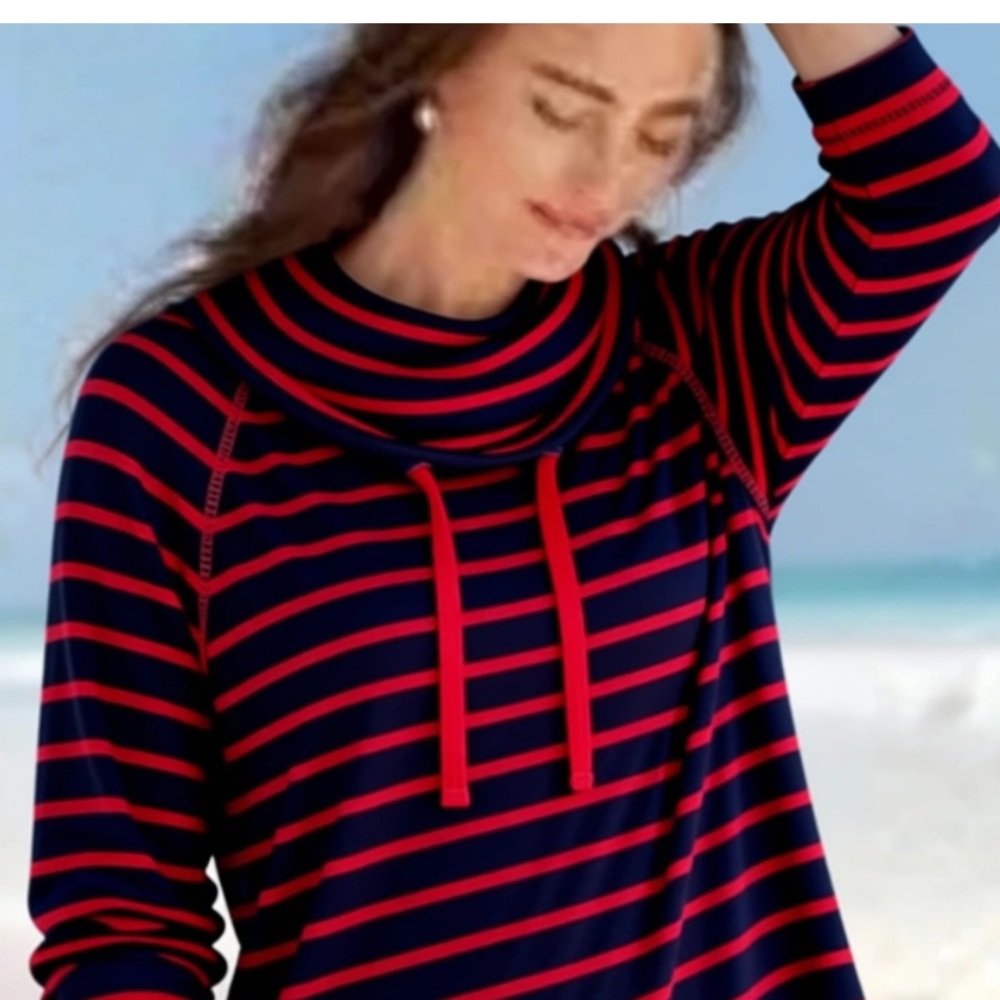 Chaps Ralph Lauren Red Blue Striped Drawstring crop Cowl Neck Pullover Top M